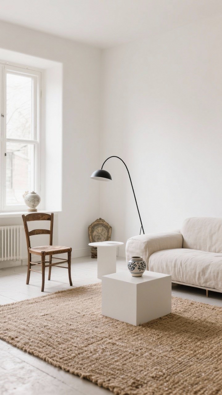 Wide shot: Balanced vintage-meets-modern living room. Quiet modern staples include a simple linen sofa, a slim black arc floor lamp, and a minimal white side table. Ground with a solid jute rug, allowing surrounding vintage pieces to breathe—an antique side chair and a small vintage ceramic. Clean, airy composition with indirect daylight and a calm, uncluttered feel.