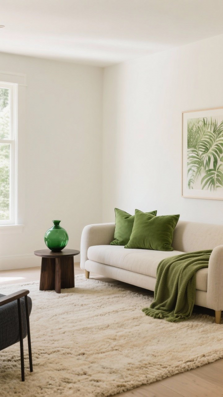 Wide shot balancing green with neutrals: a warm white room with a beige rug and neutral large furniture, accented by green pillows, a sage throw, a single emerald vase, and a dark wood side table for contrast. Include a charcoal linen armchair to ground the scene. Soft, warm lighting to avoid sterile coolness; overall calm, not jungle-like.