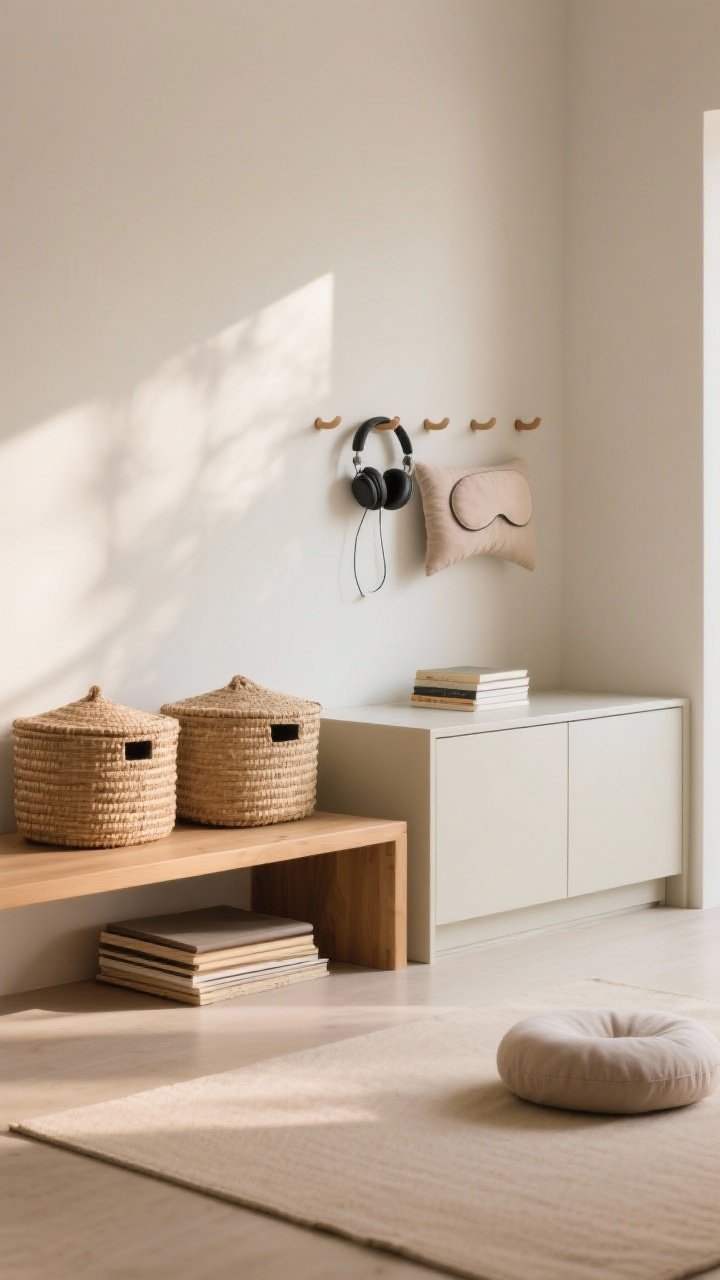 Wide shot: Calm storage solution in a meditation room—lidded woven baskets tucked under a low wood bench, a slim low cabinet with clean lines, and a set of wall pegs holding headphones and a soft eye pillow; mats and journals hidden from view; tidy, minimalist composition with warm afternoon light, visually quiet.