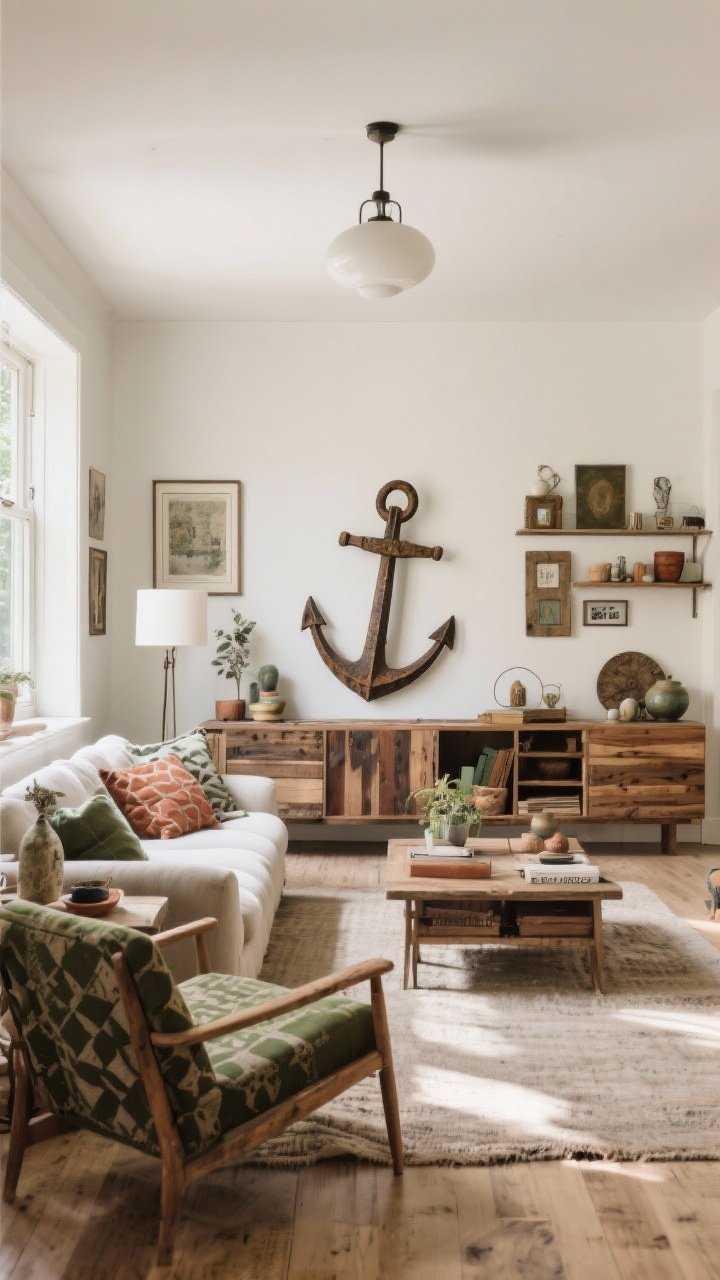 Wide shot, concluding mood: A cohesive vintage eclectic living room that feels curated, not cluttered. One standout vintage anchor, layered textures, edited patterns, mixed woods repeated thoughtfully, quiet modern “white space,” collected lighting, and small joyful vignettes. Neutral backdrop, touches of olive and rust, lived-in patina, and open pathways. Soft afternoon light for an effortlessly collected atmosphere.