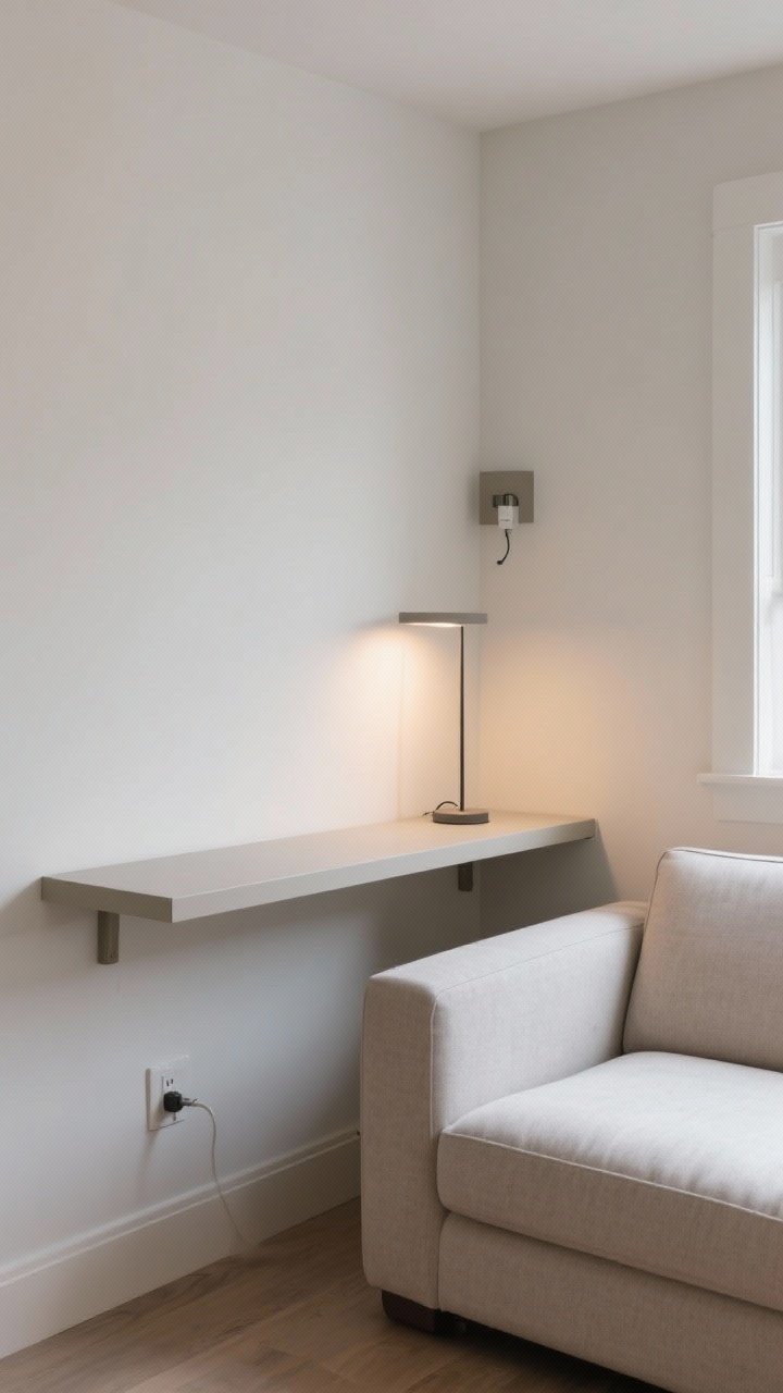 Wide shot, corner angle: A floating shelf behind the couch acting as a sofa table, 8-inch depth so it doesn’t jab the back, mounted to studs with hidden supports. The shelf color-matched to the wall for subtlety. Styling is low-profile: a slim lamp with a tiny base and a plug-in sconce above. Clean, compact layout ideal for tight spaces, bright yet soft ambient lighting.