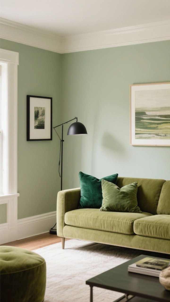Wide shot demonstrating tone-on-tone styling: soft sage walls, an olive sofa, pillows in emerald and forest, and creamy off-white trim. Add a black metal floor lamp and thin black art frames to anchor the palette. The room layers light, medium, and dark greens across upholstery, accessories, and art. Even, warm artificial light for cohesive coloring.