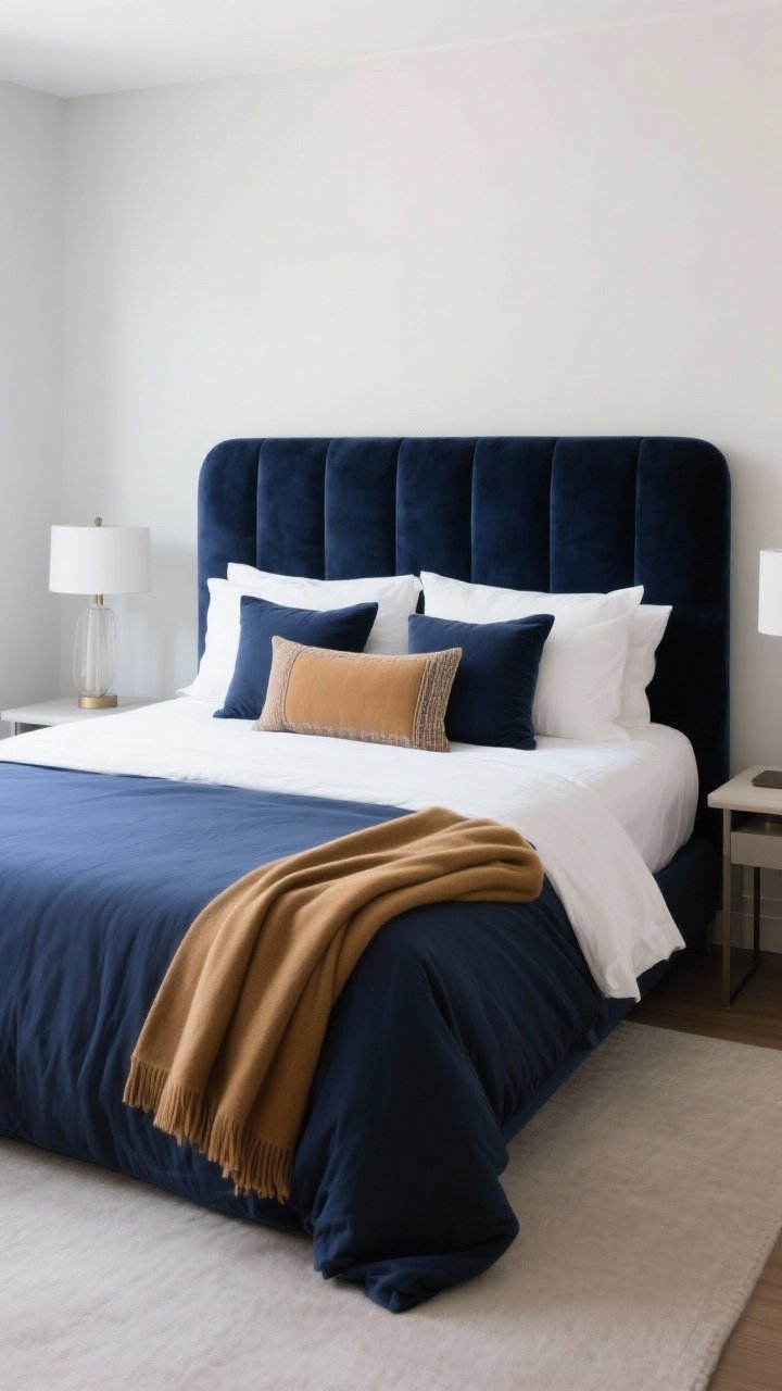 Wide shot: Designer-styled navy bed as focal point—crisp white sheets, navy duvet neatly folded, a contrasting throw in camel draped at the foot, pillow stack: 2 Euro shams, 2 sleeping pillows, 2 decorative pillows, 1 long lumbar. Headboard upholstered in navy velvet anchoring the room against a lighter wall, balanced with simple nightstands. Soft, even morning light.