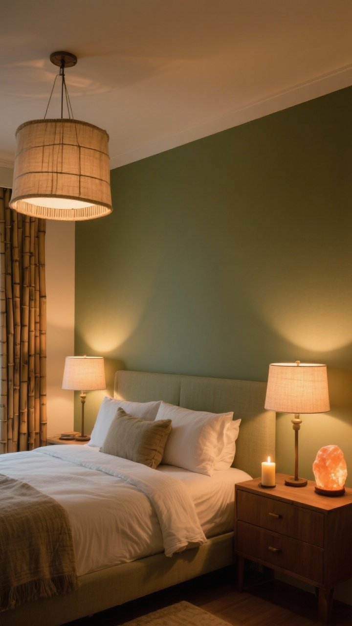 Wide shot (evening glow): A bedroom bathed in layered warm lighting at 2700–3000K. Two bedside lamps with fabric shades create diffused softness, a linen drum pendant overhead adds a gentle glow, and a bamboo detail echoes the earthy theme. Finish with the warm flicker of a candle and a low-glow salt lamp on a dresser. Sage walls look rich and dimensional, avoiding any flatness from cool light.