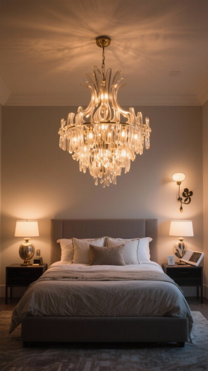 Wide shot featuring statement lighting as art: replace builder-grade fixture with an oversized sculptural chandelier centered above the bed, pair with two stylish bedside lamps and a whimsical reading sconce on one wall. Use warm 2700K–3000K bulbs and put all fixtures on dimmers for layered mood. Show the chandelier slightly oversized to feel intentional and luxe. Evening ambiance; straight-on composition with lighting glow emphasized.
