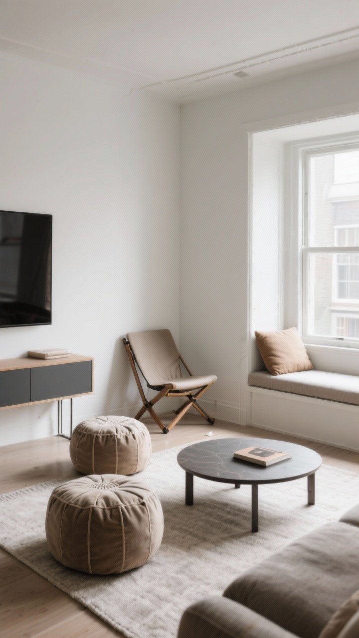 Wide shot: Flexible seating in a small living room—two poufs tucked under a slim console, a stylish folding accent chair leaning against the wall ready to deploy, and a cushioned window bench adding bonus seats; clear walkways measuring about 30–36 inches and 18 inches around the coffee table; uncluttered, welcoming layout with balanced lighting.