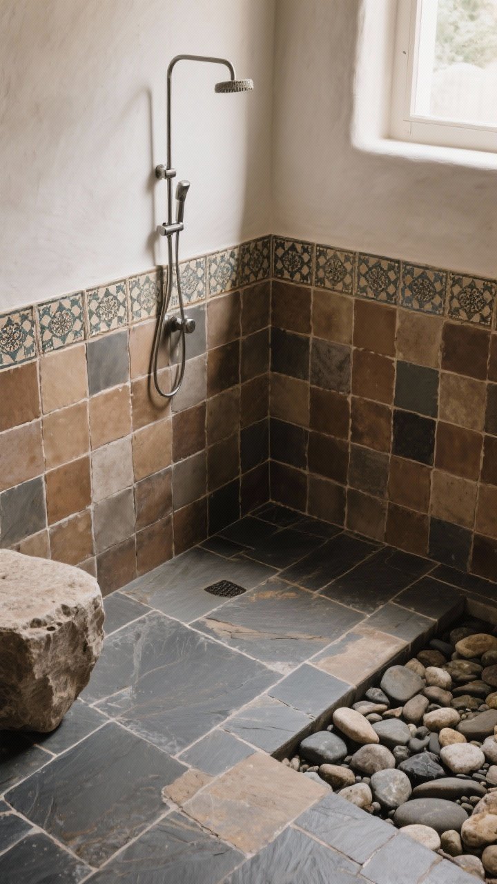 Wide shot: Layered earthy tile and stone—slate floor with matte, moody tones, a shower wall of handmade zellige tiles with subtle color variation, and a river rock shower floor; grout matched to tile for a calm organic feel, natural daylight filtering in, overhead angle capturing texture transitions.