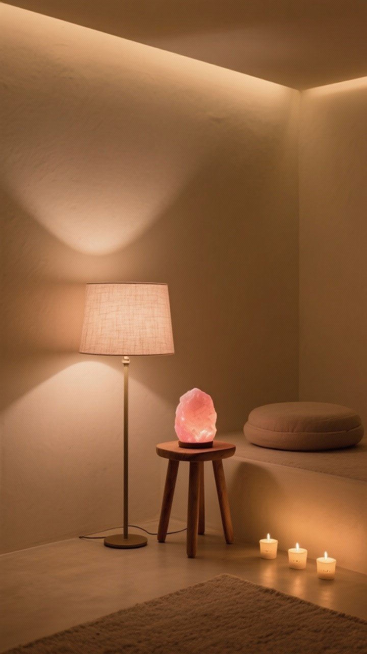 Wide shot: Layered, low-height lighting in a minimalist meditation nook—fabric-shade floor lamp casting a gentle ambient glow, a warm pink Himalayan salt lamp on a low side stool, and a trio of LED tea lights for accent; smart bulb/dimmer warmth set to golden hour tones; lights positioned low for a grounded feel; overall mood soft and dim, no harsh overheads.
