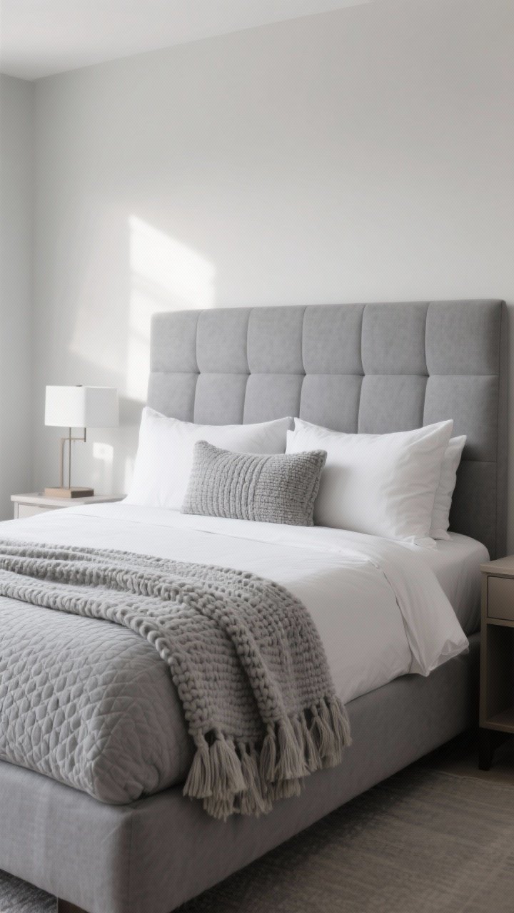 Wide shot making the bed the main character: gray upholstered headboard, foundation of a solid neutral duvet (light gray), a textured quilt or coverlet neatly folded at the foot, pillow stack in the formula (2 euro shams, 2 sleeping pillows, 1 lumbar), and a chunky knit or fringed throw finishing the look; uncluttered nightstands; soft morning light; clean, straight-on hotel-like composition.