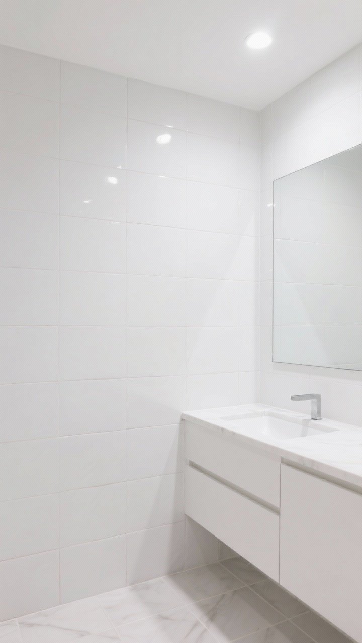 Wide shot: Monochrome tile match—walls painted to perfectly match white/light tile, or one shade lighter—so tile and wall read as one continuous surface. Same hue on walls, trim, and vanity for a built-in, custom feel. Bright, even lighting reduces visual breaks, creating instant calm and spaciousness.