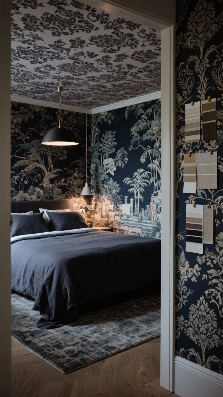 Wide shot of a bedroom wrapped in bold wallpaper, with the ceiling papered too: choose a moody damask or chinoiserie mural with depth and shadowing. Balance with solid-colored bedding and a quiet rug so the walls are the star. Tape a few large wallpaper sample swatches on one side wall to hint at selection process. Evening lighting with a dimmed pendant for drama; shoot from the doorway corner to show ceiling and feature wall.