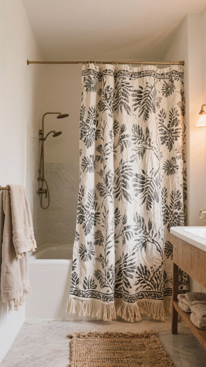 Wide shot of a boho bathroom centered on a statement shower curtain: extra-long curtain in a bold botanical block print with crinkled cotton texture and tassel trim grazing the floor, paired with quiet, neutral towels and a simple rug; weighted liner ensures a straight, graceful hang; warm ambient lighting, clean walls to let the curtain steal the show.
