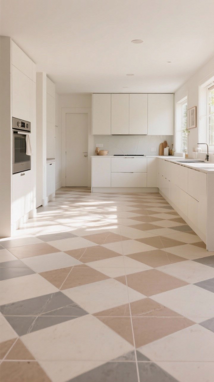 Wide shot of a bright kitchen with porcelain tile flooring featuring a two-tone checkerboard in soft taupe and warm gray, rectified edges with tight grout lines in matching medium taupe; radiant-heat-ready context suggested by sunlit warmth; clean-lined cabinetry and minimal decor to showcase the patterned floor; straight-on perspective emphasizing the crisp geometry and stain-proof, easy-mop surface; soft, even daylight highlighting the matte finish.
