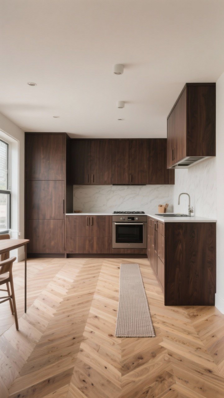 Wide shot of a kitchen with dark brown cabinets and medium-to-light flooring: natural light oak planks in a subtle herringbone pattern, undertones harmonizing warm with the cabinets; add a slim runner for softness and color, minimal grout or seams for a clean look, soft daylight, straight-on perspective