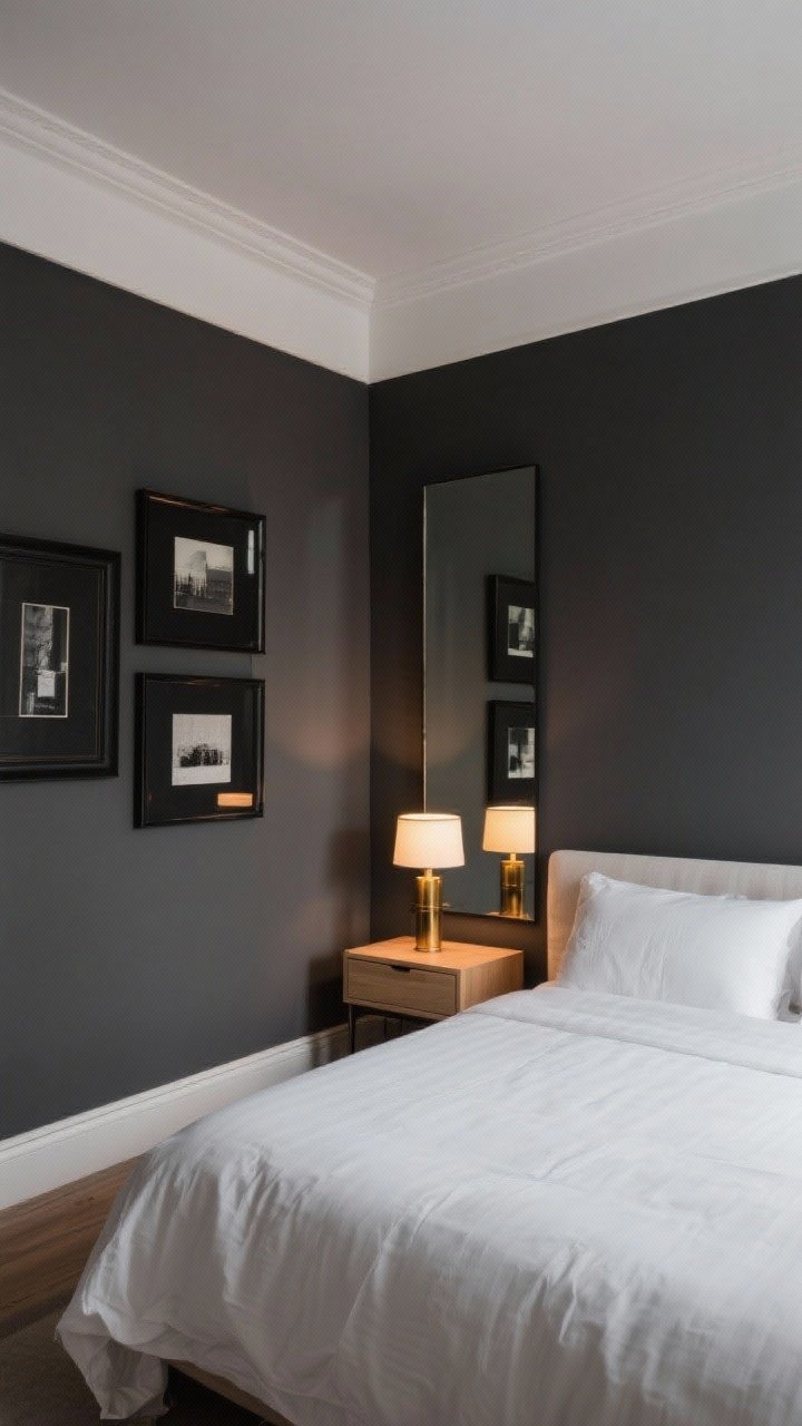 Wide shot of a moody bedroom with charcoal gray walls and a crisp white ceiling, dramatic yet calm; white bedding as contrast, with light wood nightstands and subtle brass accents; glossy black picture frames on the wall and a large mirror reflecting warm, soft lamp light; evening lighting with layered glow, showing how dark walls cocoon the space; corner angle capturing depth and reflection.