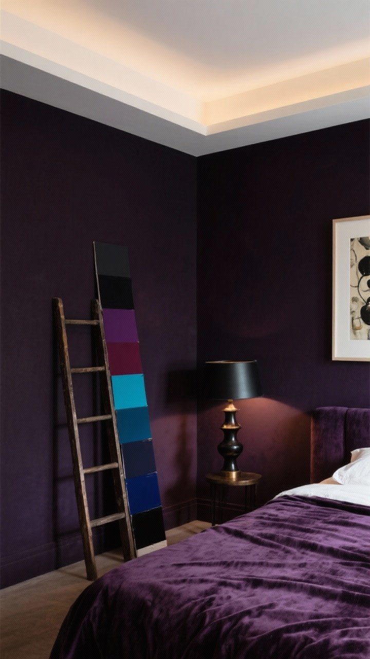Wide shot of a moody bedroom with walls drenched in deep aubergine and a matte finish, ceiling painted warm white for contrast; subtle low lighting grazes the velvety, inky surface. Include paint swatches leaning on a ladder: charcoal black, deep plum, petrol blue, oxblood, merlot, midnight blue, blackberry. Minimal furnishings to emphasize the cocoon-like walls; art and a blackened bronze floor lamp pop against the dark color.