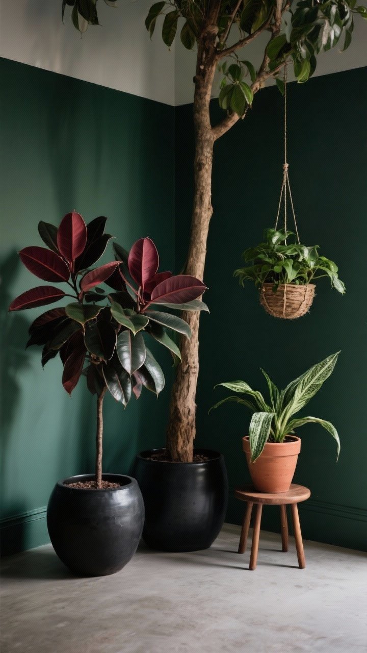 Wide shot of a moody plant corner: large rubber plant and burgundy ficus in black ceramic and dark terracotta planters, a ZZ plant on a short stool, and a hanging planter at a higher level. Groupings of twos and threes at varied heights against a deep olive wall. Soft, filtered light enhances the rich green and burgundy leaves; an oversized indoor tree anchors the corner with designer energy.