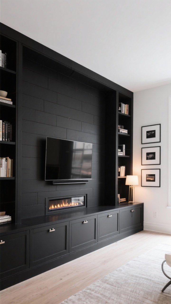 Wide shot of a single black feature wall with built-ins: shiplap paneling painted matte black for texture, black bookcases framing a TV and low-profile electric fireplace; opposite wall remains white with a crisp gallery of black frames for reverse drama; concealed hardware on cabinetry; balanced daylight and warm lamp light for depth and contrast.
