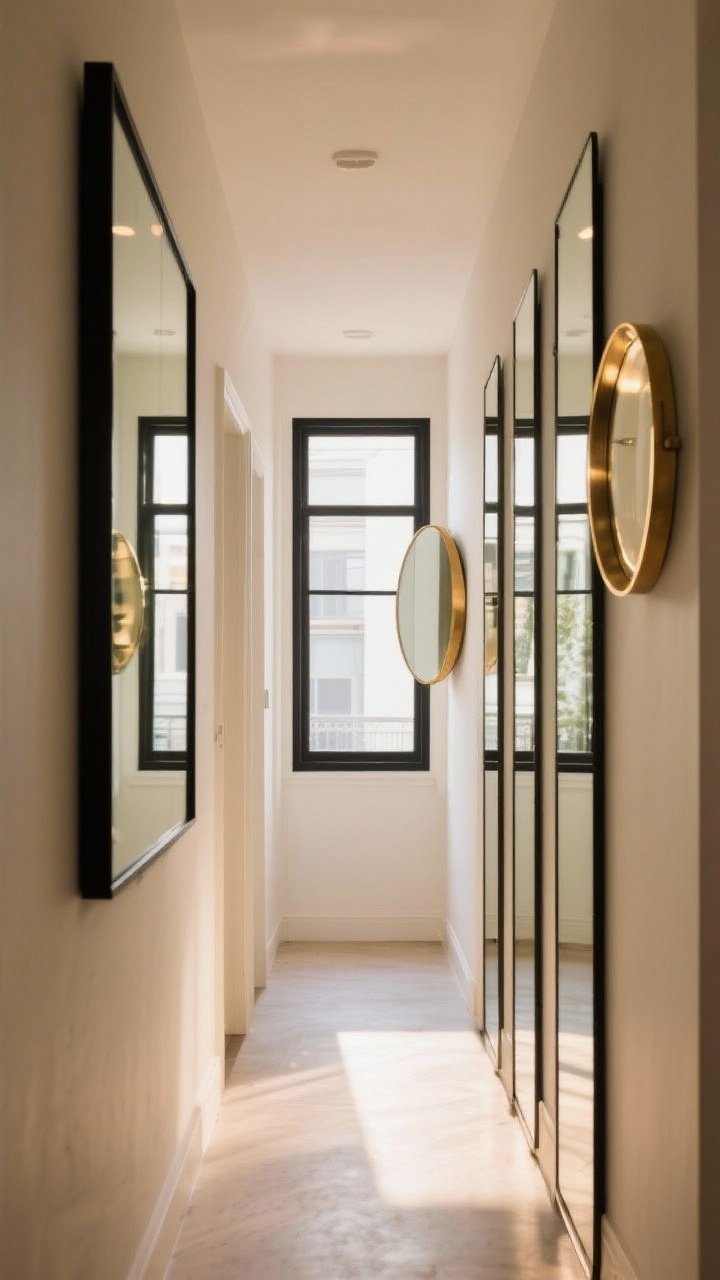 Wide shot of a small hallway visually opened up by mirrors: one oversized rectangular mirror with a slim black frame opposite a window, bouncing light down the corridor; alternatively, a row of tall, narrow mirrors that elongate the space; include a large round brass-framed mirror at the end to soften lines; warm light reflections; straight-on view to showcase the doubled space effect.