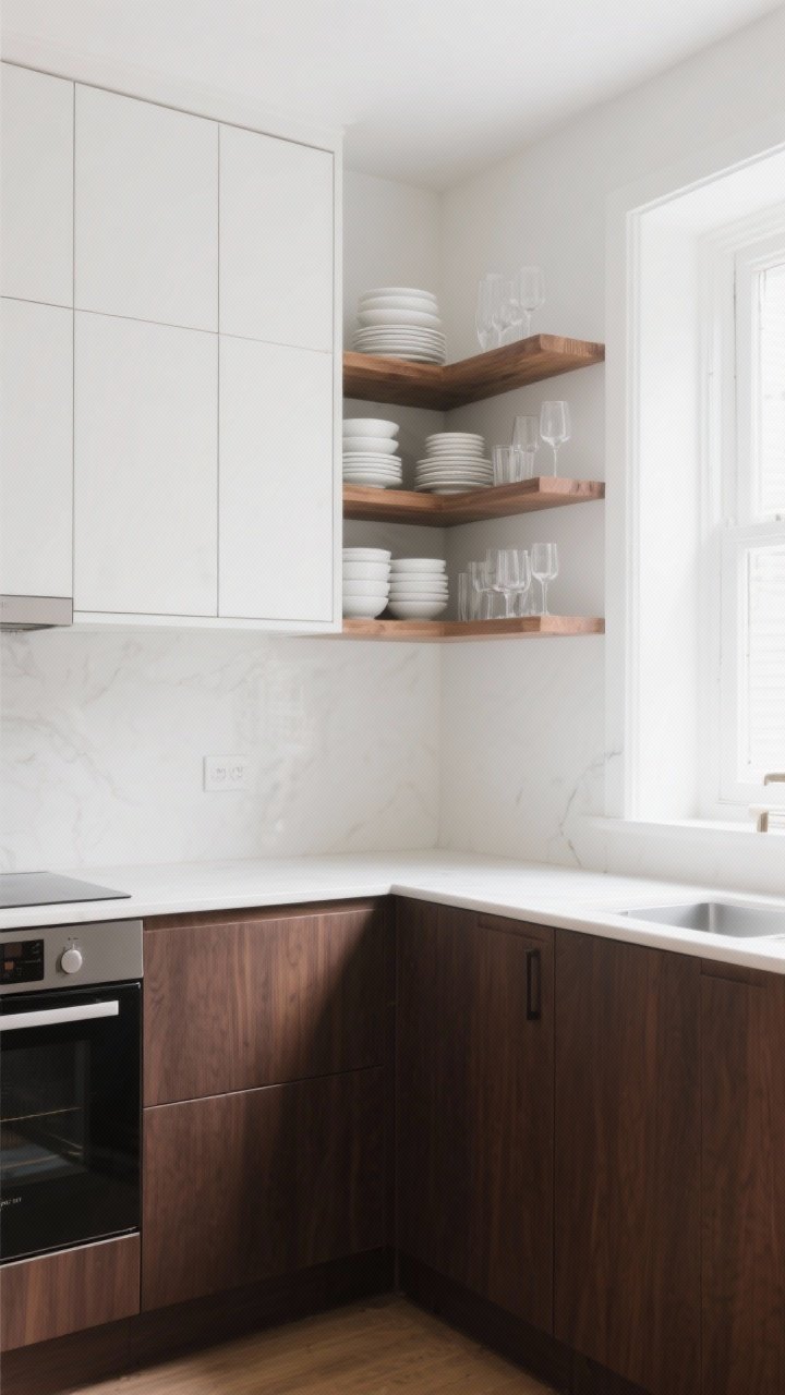 Wide shot of a two-tone kitchen: dark brown lower cabinets grounded on the perimeter, white upper cabinets paired with a few open wood shelves displaying restrained stacks of matching white dishes and glassware; bright, airy feel for small space, cohesive wood tone anchoring the shelves, shot from a corner to show depth