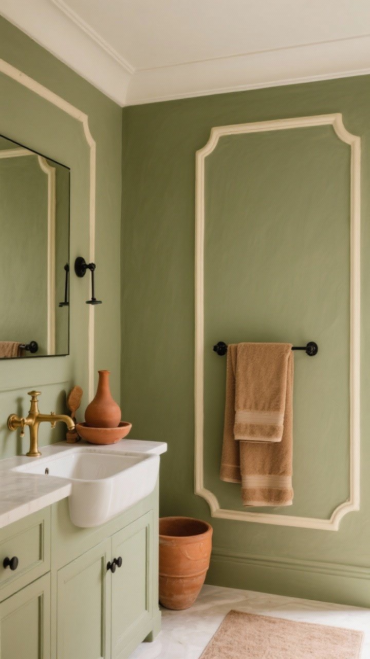 Wide shot of an earthy-color bathroom: sage green walls with cream trim and subtle black accents on hardware, terracotta and clay accessories, camel-toned towels, and warm white ceiling painted the same color as the walls for a cocoon effect; brass hardware for warmth; serene, evenly lit atmosphere.