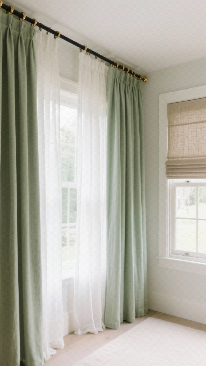 Wide shot of windows: Soft, layered, light-filtering treatments. Sheer white curtains paired with sage blackout panels hung on a black or brass rod, mounted high and wide to make the room feel taller and larger. Include a Roman shade in flax linen on an adjacent smaller window for tailored warmth. The scene is bright, airy, and cohesive with the sage scheme.