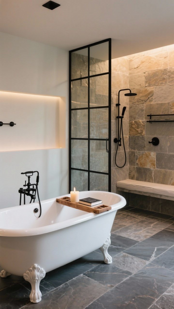 Wide shot: Retreat-worthy bathing zone—a freestanding white clawfoot tub on slate floors with a wood bath caddy holding a candle and book; nearby shower with stone tile, built-in bench, and matte black hardware; glass panel with black grid, subdued warm lighting, inviting spa atmosphere, straight-on view.