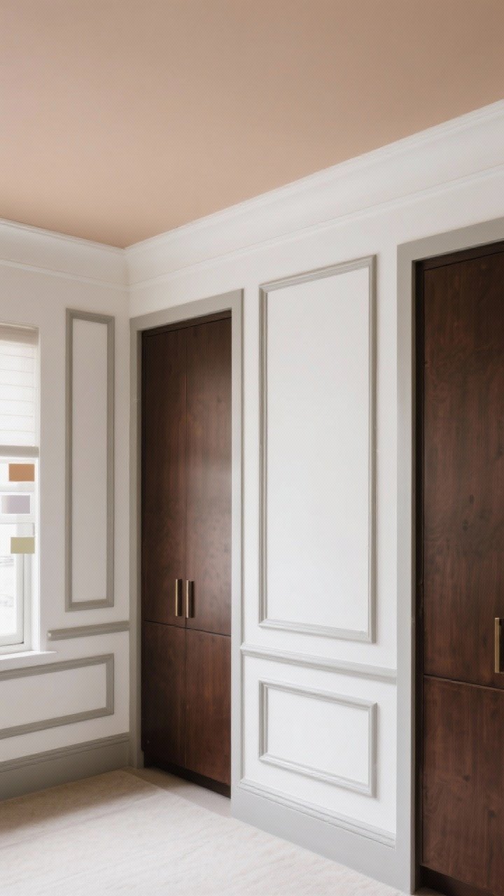 Wide shot showing painted surfaces contrasting dark brown cabinets: creamy white walls, warm greige trim in satin/semi-gloss for a crisp frame, and a pale mushroom color-drenched ceiling for boutique-hotel vibes; bright but cozy overall light, samples subtly visible near a window to imply tested tones, straight-on view