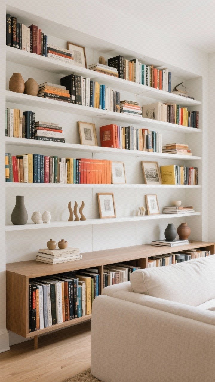 Wide shot, straight-on: A low bookshelf console behind the sofa filled with books styled in layers—alternating horizontal stacks and vertical rows, punctuated with bookends, small ceramics, and frames. Shelves intentionally leave 20–30% open space. Some spines color-blocked for a bold band of hues, with a few books turned backward for a neutral section. Bright, even lighting for a collected, personal feel.