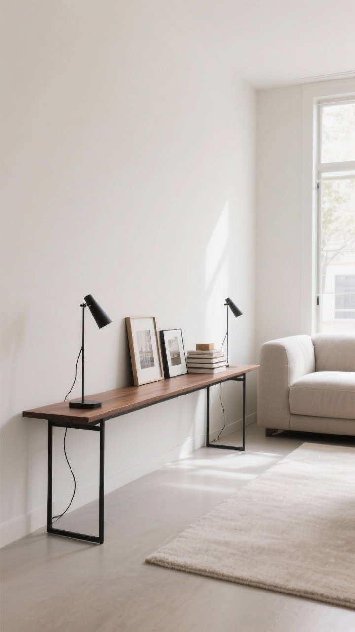 Wide shot, straight-on view: A modern living room with a slim, narrow console table tucked tightly behind an 84-inch sofa, table length around 60–72 inches, the console height within 1–2 inches of the sofa back. Clean lines, matte black metal frame with a thin walnut top. Two slender table lamps with cord clips hide wires under the table. Minimal decor: a small stack of frames and a few compact objects. Bright natural daylight, uncluttered, airy feel.