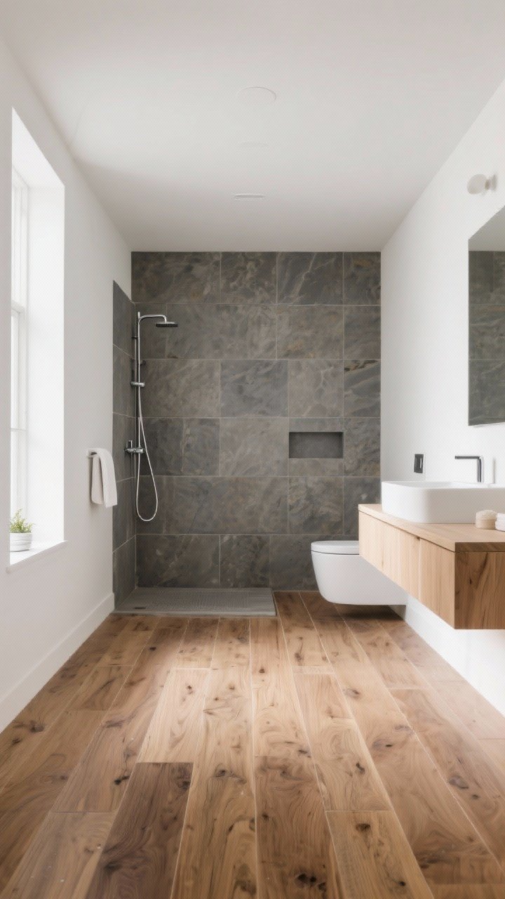 Wide spa-like bathroom view: wood-look porcelain floor planks laid straight, warm oak tone; shower clad in large rectangular slate tiles for a seamless, slightly textured look; white painted walls and a light wood floating vanity to brighten the palette; minimal decor, serene composition, soft diffused lighting, emphasizing earthy calm and durability