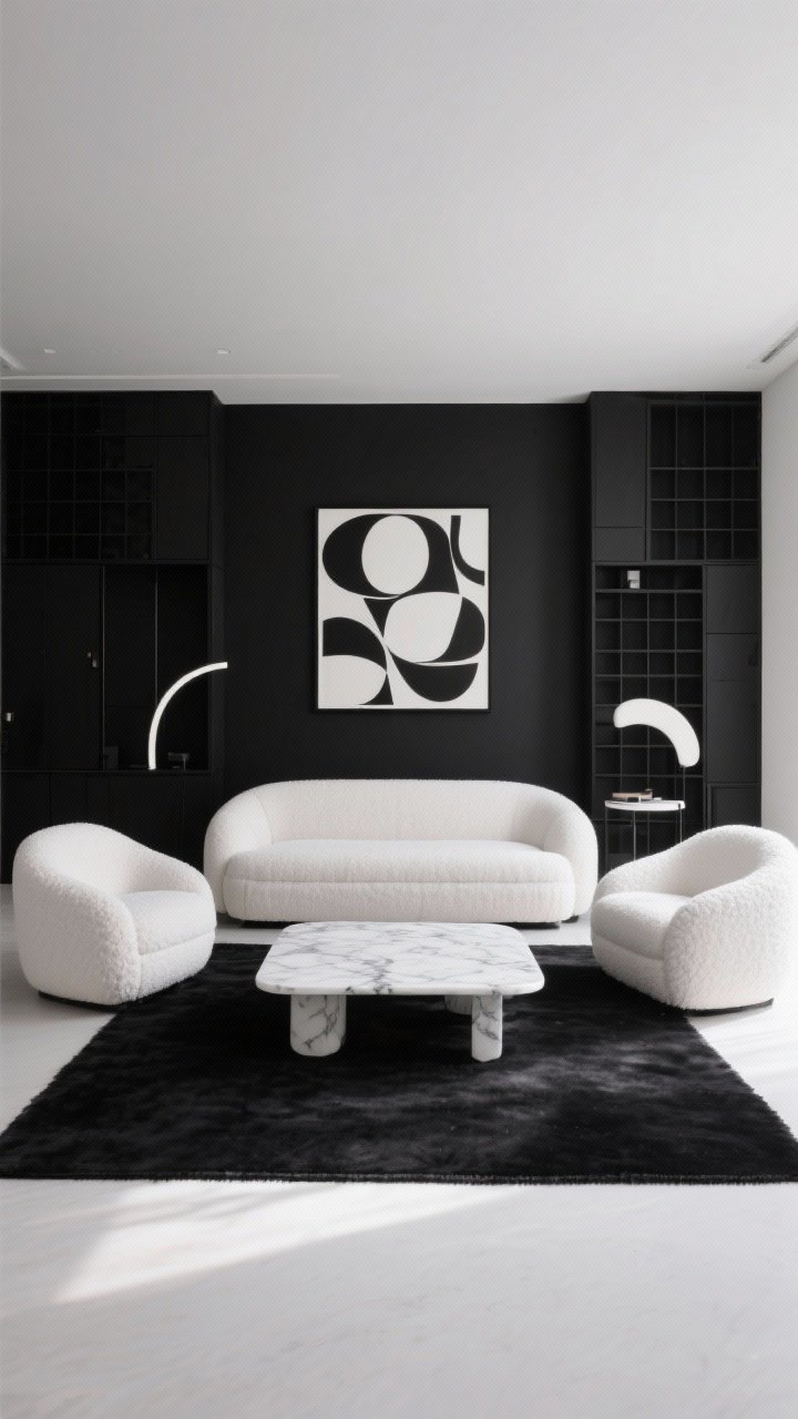 Wide, straight-on shot of a high-contrast monochrome living room: black walls, a white sofa centered, black-and-white artwork with graphic shapes above, white boucle armchairs set against black built-ins, a black rug under a white marble coffee table; cohesion via repeating curved silhouettes and grid patterns; bright but controlled lighting to keep it polished and modern; no clutter.