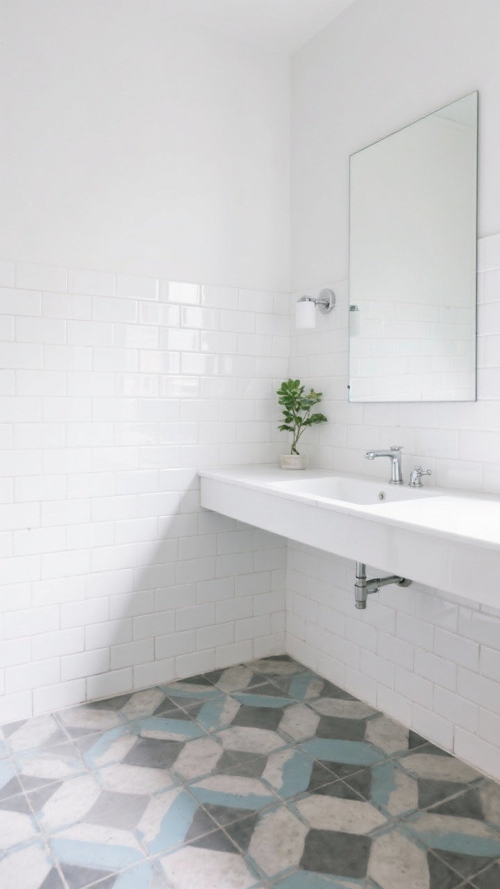 Wide straight-on view of a bright bathroom: white glossy subway tile walls (offset pattern) with crisp white grout, paired with a patterned cement tile floor in muted geometric tones (gray, charcoal, soft blue); minimal accessories—simple white vanity, frameless mirror, and a small plant; even daylight; the floor is the hero with sealed, slightly matte surface; include a simple sconce and chrome faucet to keep the look classic