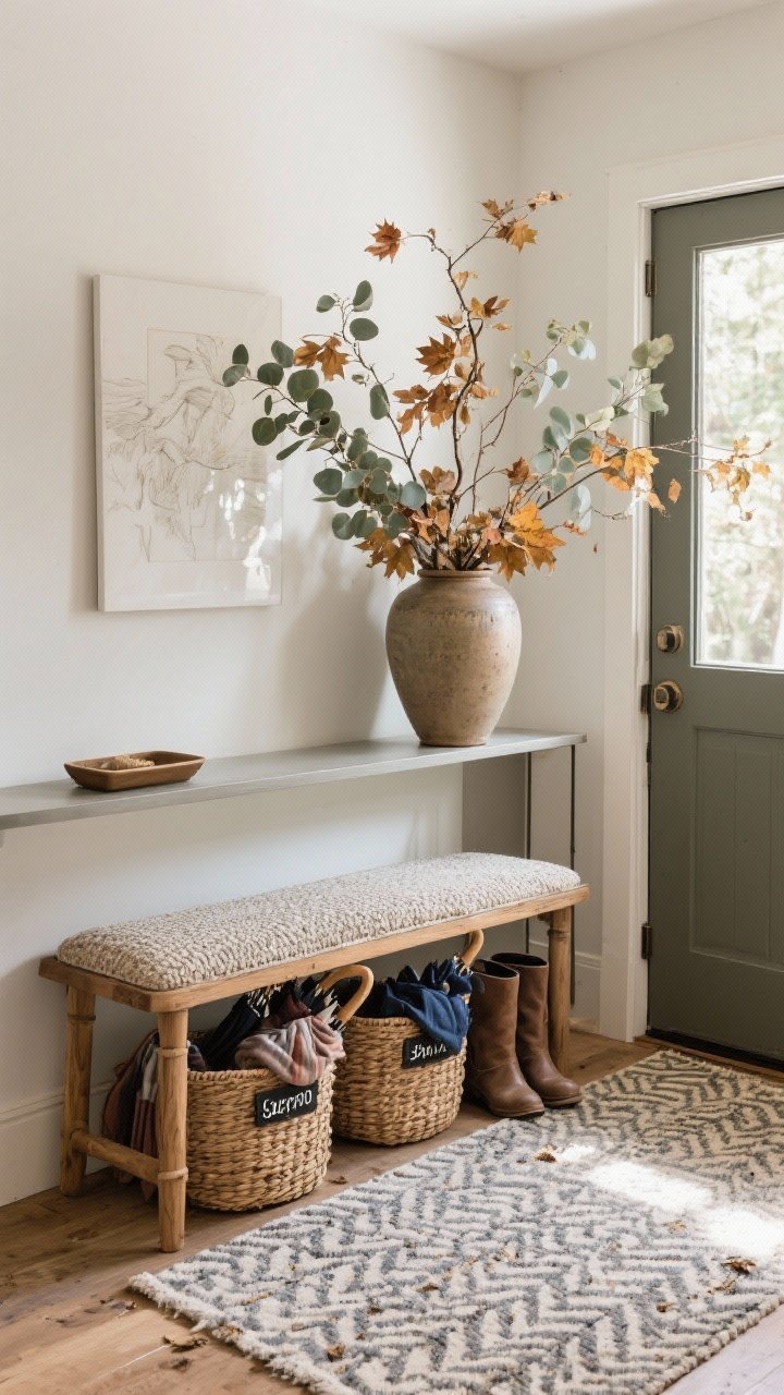 Wide, straight-on view of a cozy entryway: a small wooden bench with a textured seat cushion, a low-pile patterned runner that hides dirt, and a large ceramic vase holding foraged maple and eucalyptus branches for drama; woven baskets below the bench labeled for scarves and umbrellas, plus a shallow catch-all tray on a slim console; natural daylight filtering in, leaves and boots neatly contained.