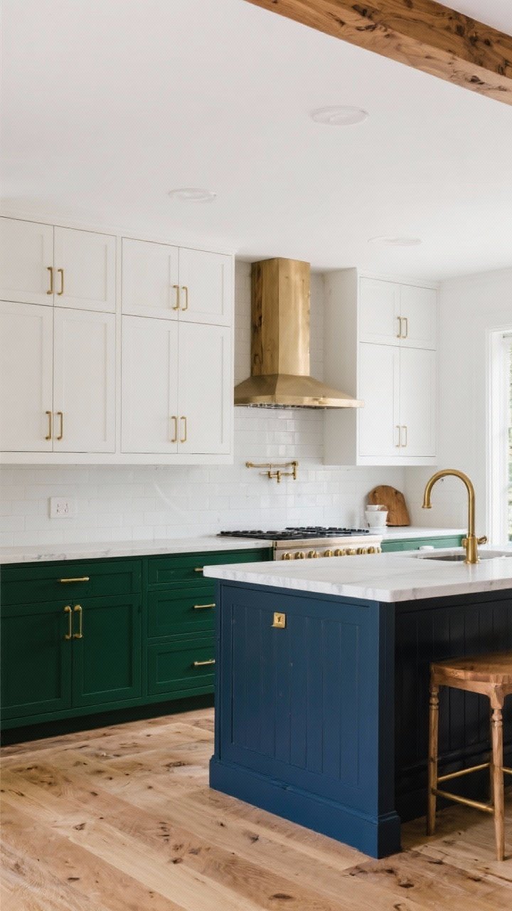 Wide two-tone kitchen: white oak upper cabinets with deep forest green lowers, brass hardware, a navy island as focal point, light simple backsplash, balanced color palette, soft daytime lighting, reflective brass accents subtly gleaming without overpowering the oak’s warmth