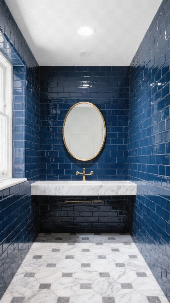 Wide view of vanity wall and floor: 2-inch white Carrara marble hex floor with medium-gray grout for definition; walls in ink blue glazed brick tiles, stacked for a refined rhythm; a round brass-framed mirror over a simple vanity; bright white ceiling reflecting light to balance the deep walls; sophisticated yet edgy atmosphere