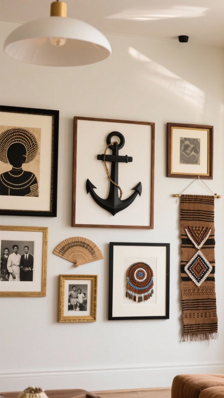 Wide wall shot: A heritage-driven gallery wall—one large anchor canvas with contemporary Afro-centric art, surrounded organically by framed prints, vintage black-and-white family photos, woven fans, a beaded piece, and a strip of mudcloth hung like a banner; black and walnut frames with a few subtle gold accents; even, soft ambient lighting to reduce glare, photorealistic.
