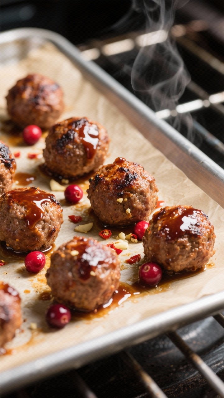 25 inch baked meatballs, tiny charred edges and sticky sheen visible; a parchment-lined sheet pan wi