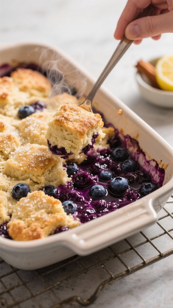 Close-up, 45-degree angle process shot of the cobbler just out of the oven being rested on a cooling