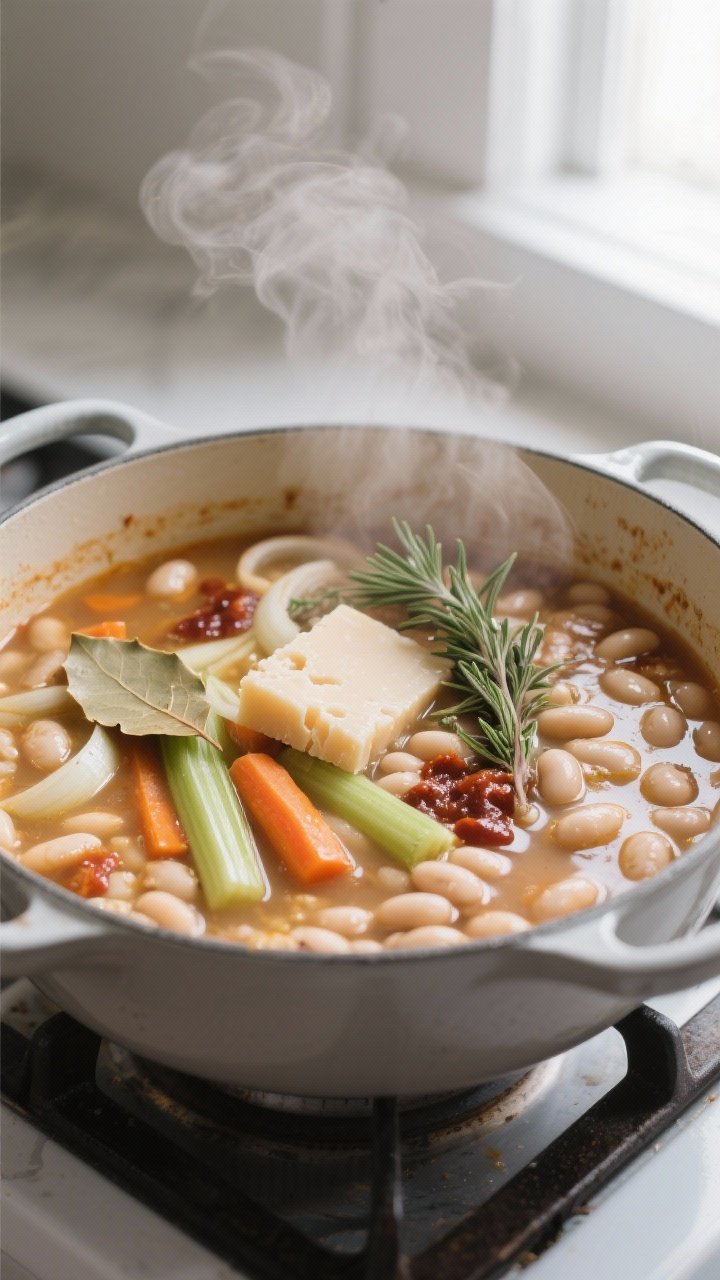 Close-up cooking process: A heavy enameled Dutch oven at a gentle simmer with Tuscan white bean soup