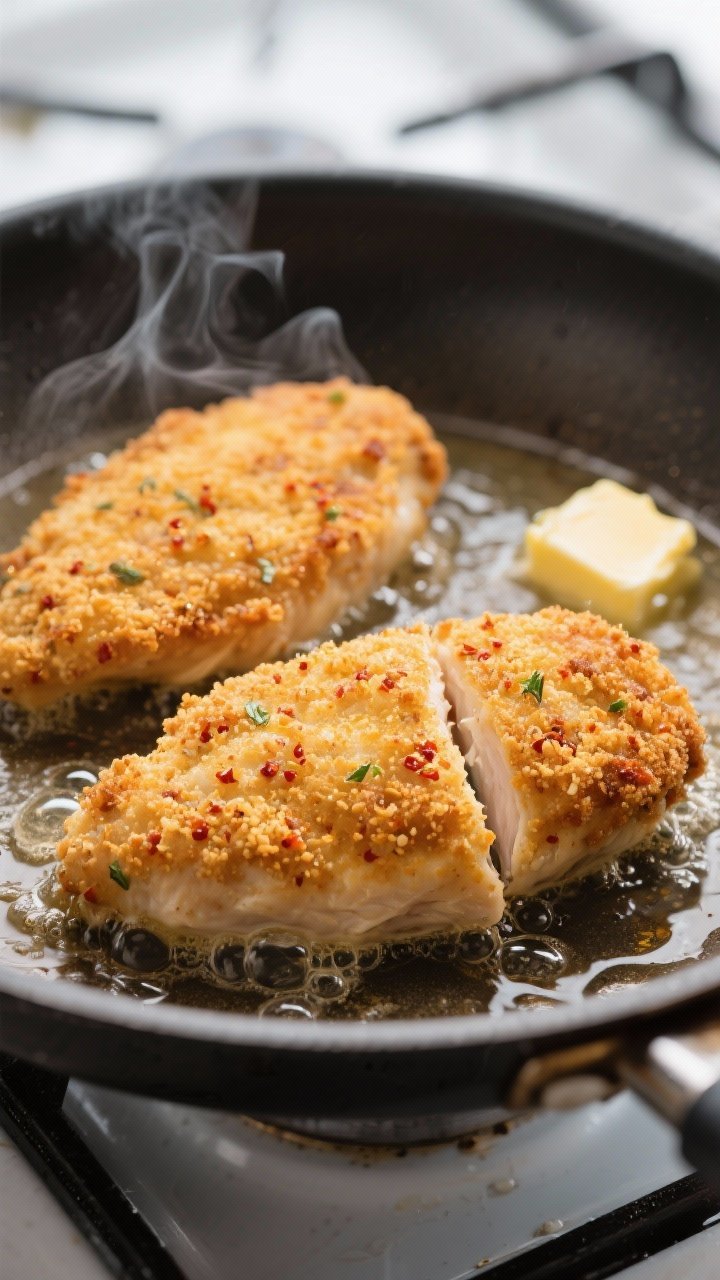 Close-up cooking process: Breaded Chicken Kiev cutlets shallow-frying in a stainless skillet, golden
