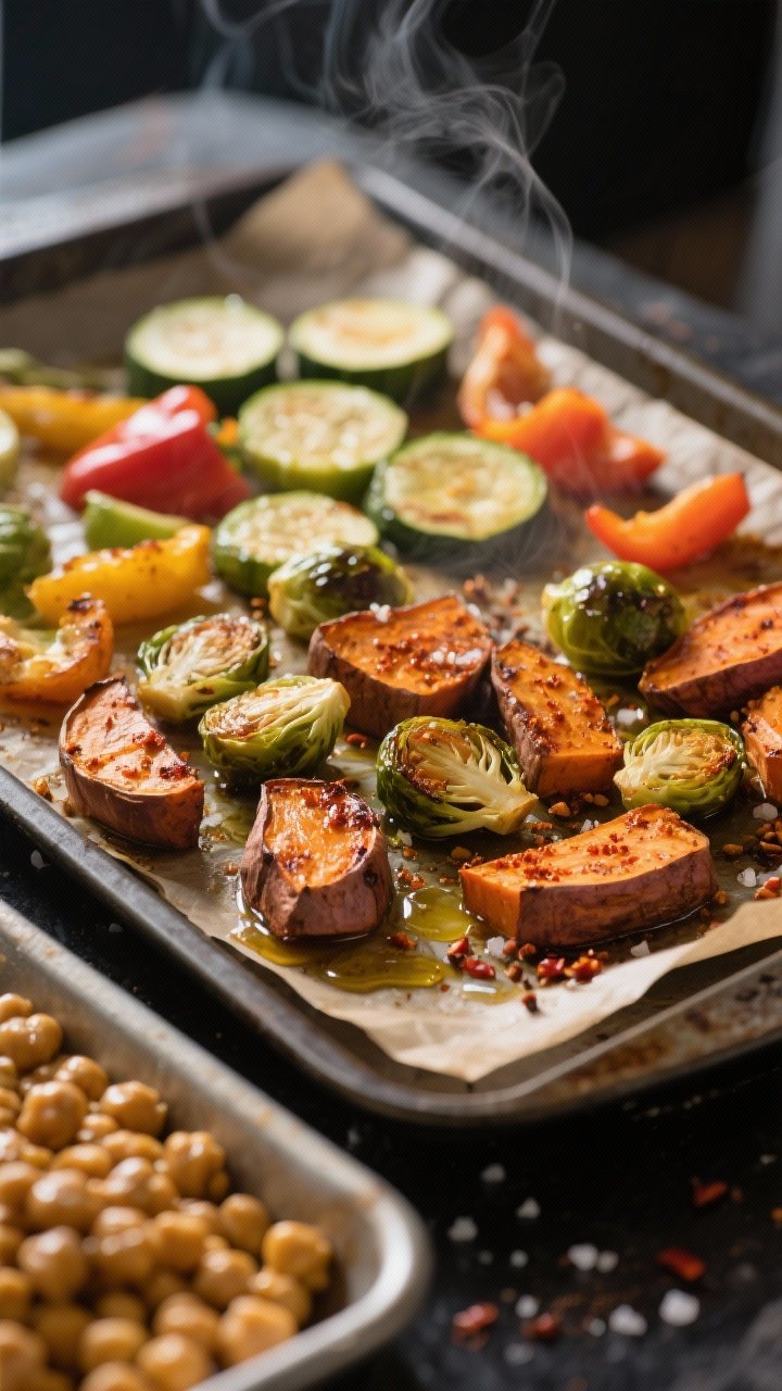 Close-up cooking process detail: sheet pan at 425°F with roasted veggies in stages—foreground sho