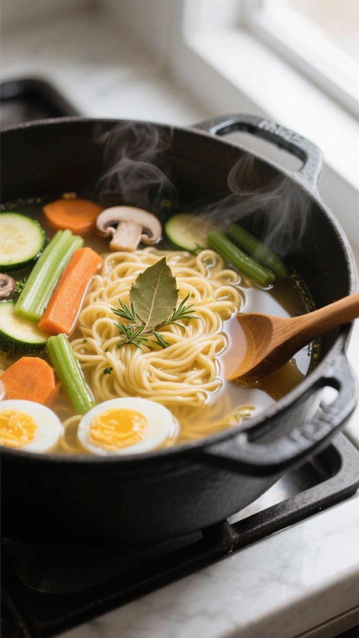 Close-up cooking process: Egg noodle soup simmering in a wide, matte black Dutch oven at a gentle si
