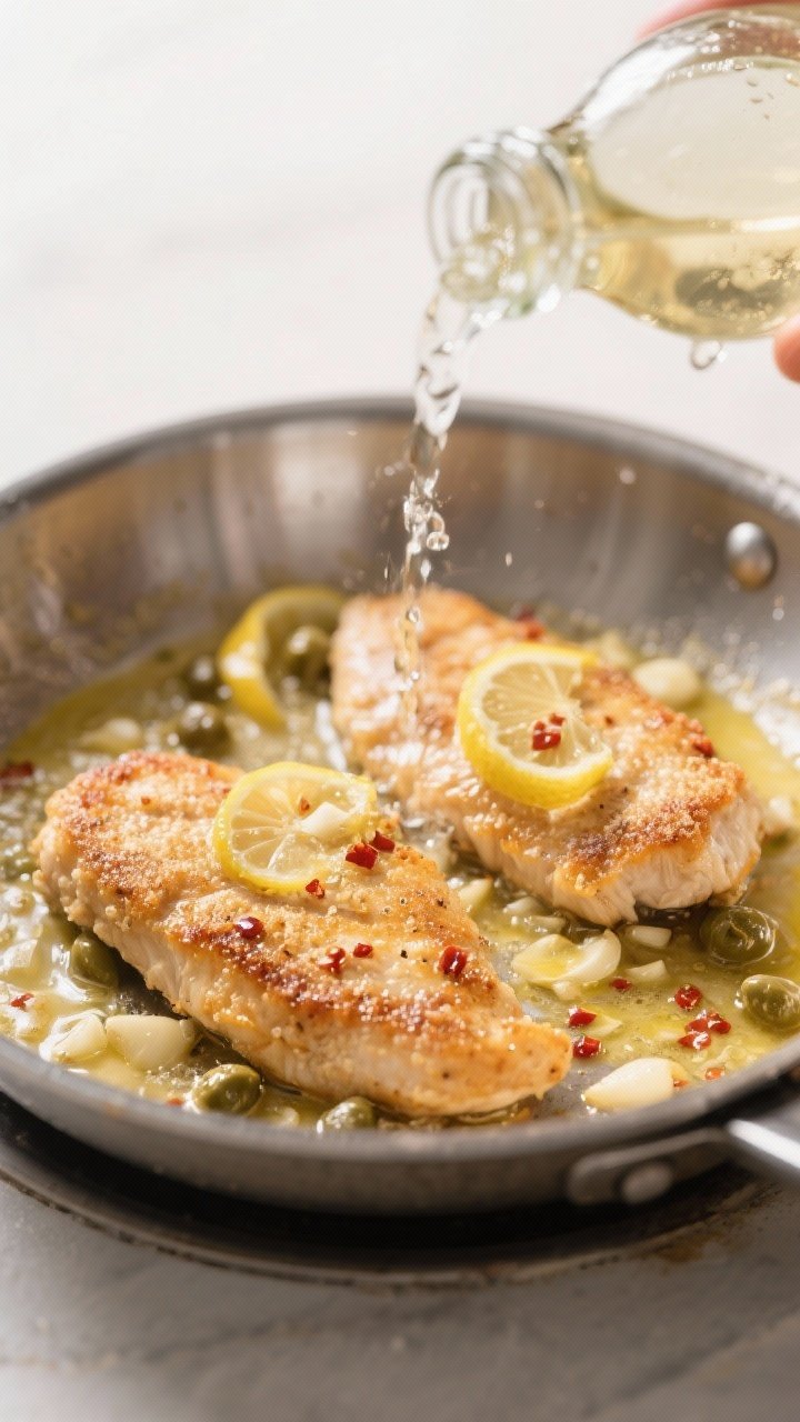 Close-up cooking process: Golden, lightly floured chicken scampi cutlets sizzling in a stainless-ste