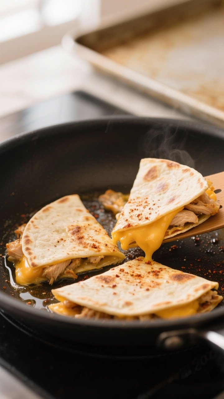 Close-up cooking process: Mini chicken quesadillas toasting in a nonstick skillet, golden and crisp 
