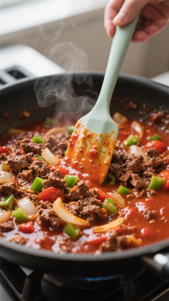 Close-up cooking process: Thick, glossy sloppy joe mixture simmering in a wide skillet, showing crum