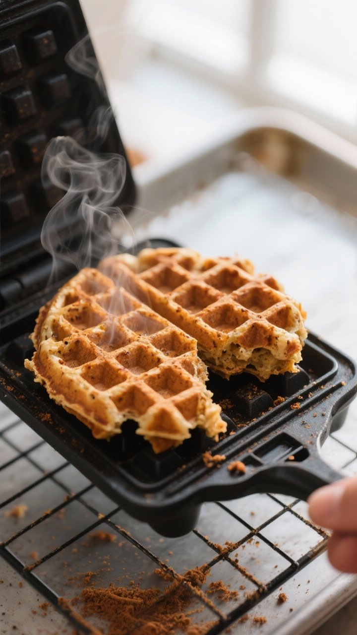 Close-up detail and cooking process: A gluten-free pumpkin spice waffle just lifted from a hot waffl