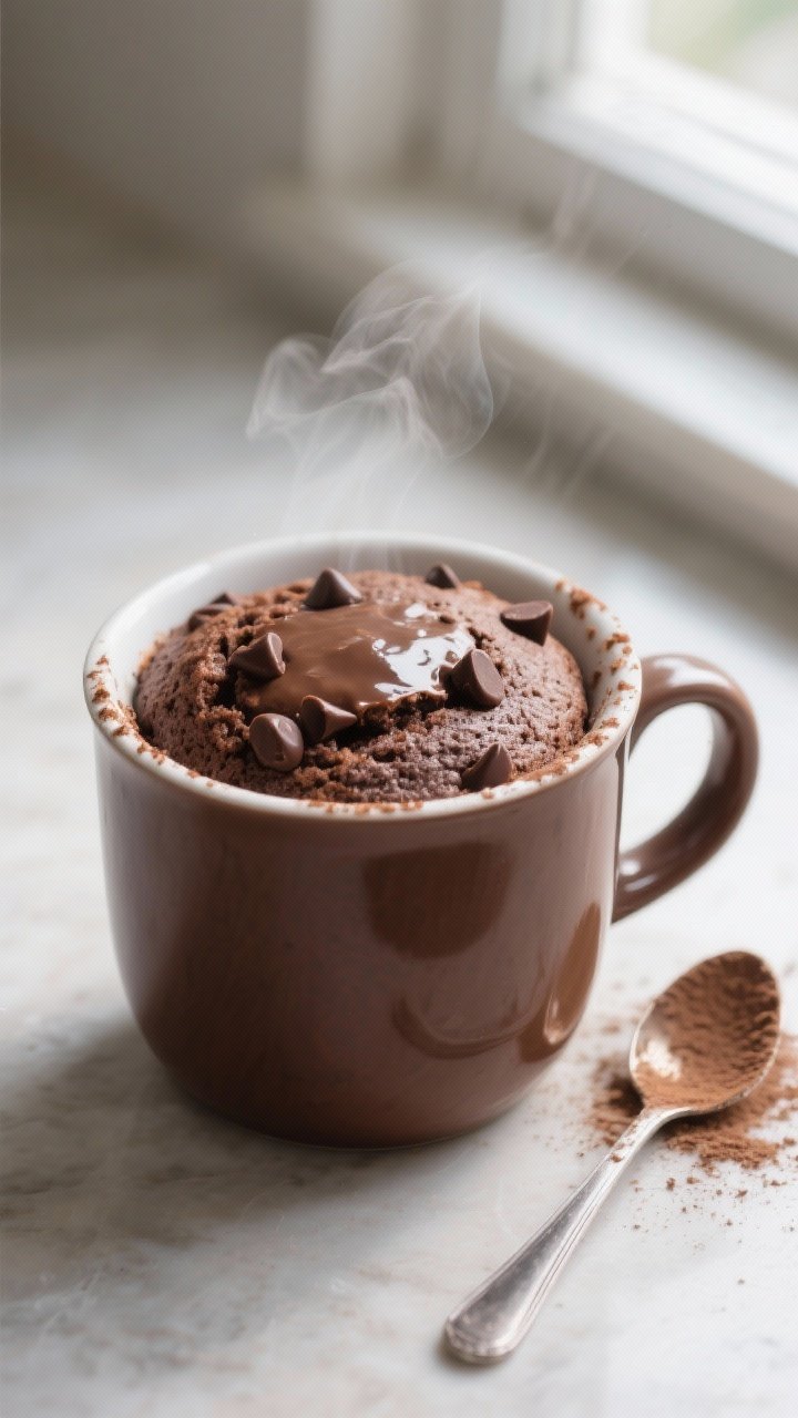 Close-up detail, cooking process: A chocolate microwave mug cake just finished cooking in a wide 12-