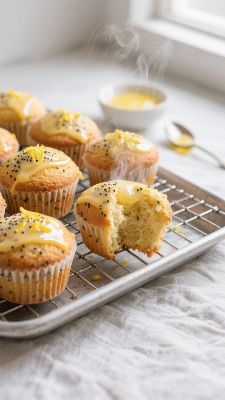 Close-up detail/cooking process: A just-baked tray of lemon poppyseed muffins cooling on a wire rack