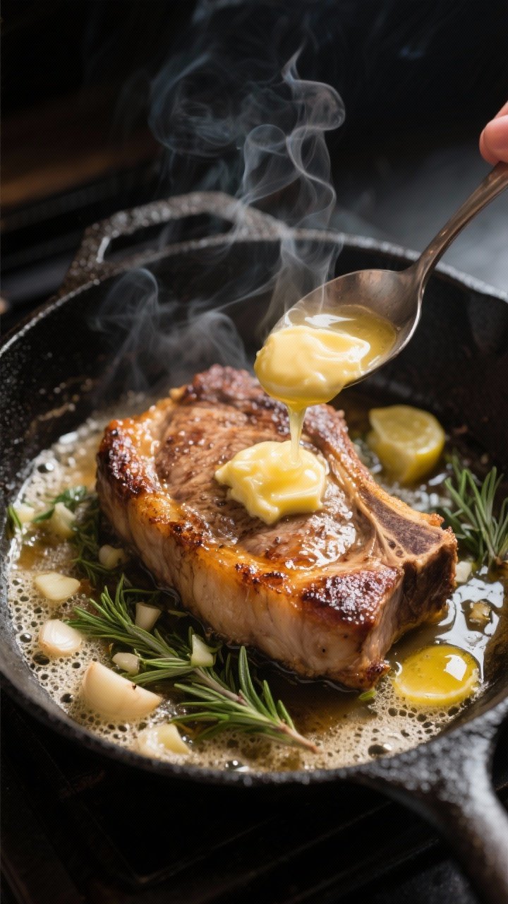 Close-up detail, cooking process: Bone-in pork chops sizzling in a black cast-iron skillet during th
